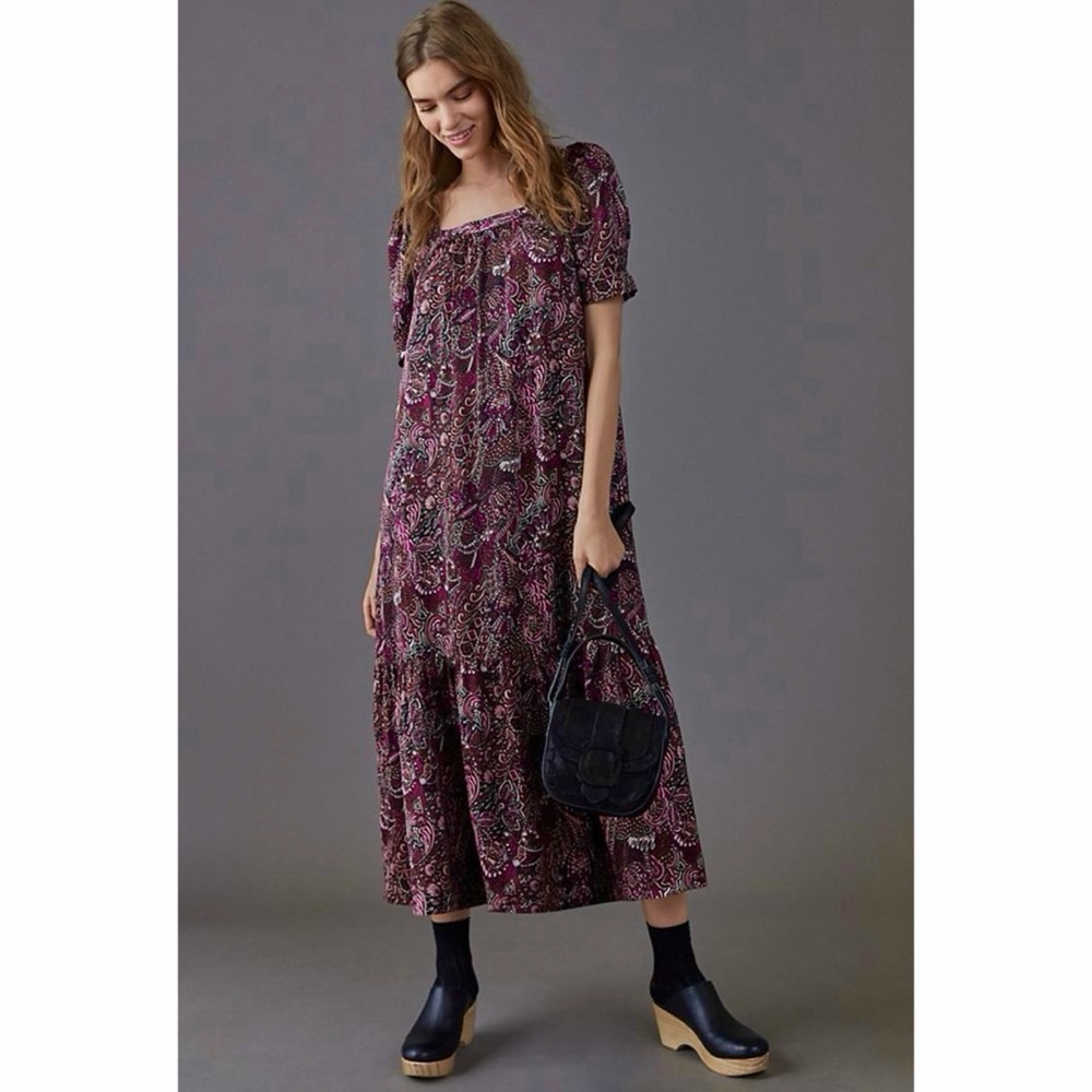 Anthropologie Maeve Lisabetta Square Neck Maxi Dress Burgundy Wine Floral